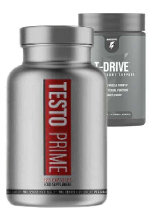 TestoPrime bottle overshadowing T-Drive bottle in background